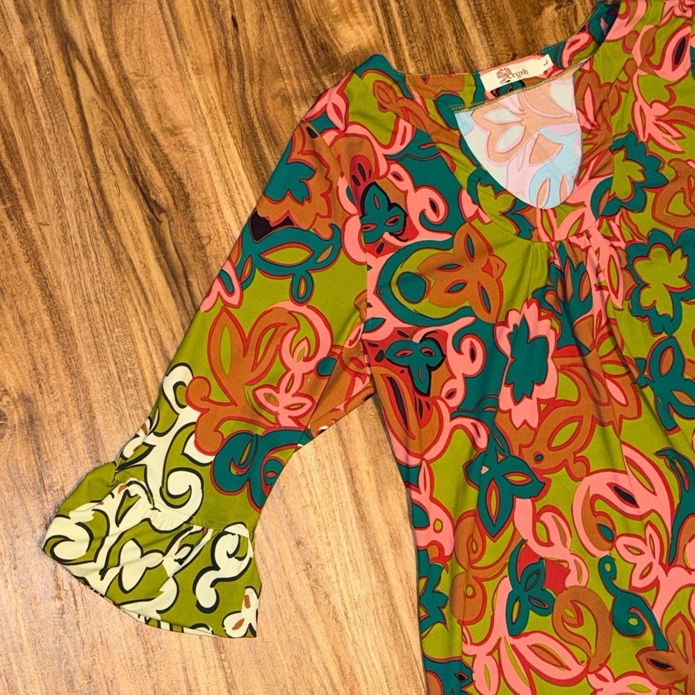 Aryeh women’s large 12 14 dress knee 3/4 bell sleeve green pink pattern nwot - Picture 3 of 7